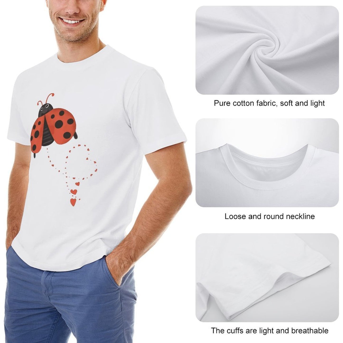 Inkmay Casual Cotton T-shirt Ladybug Pattern With Hearts And Spots Unisex T-shirtSoftWear Recycled T-Shirt