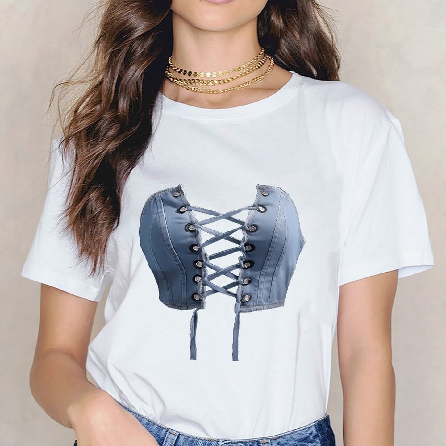 Inkmay Casual Cotton T-shirt Blue Satin Corset With Laceups Unisex T-shirtSimple Heavyweight T-Shirt
