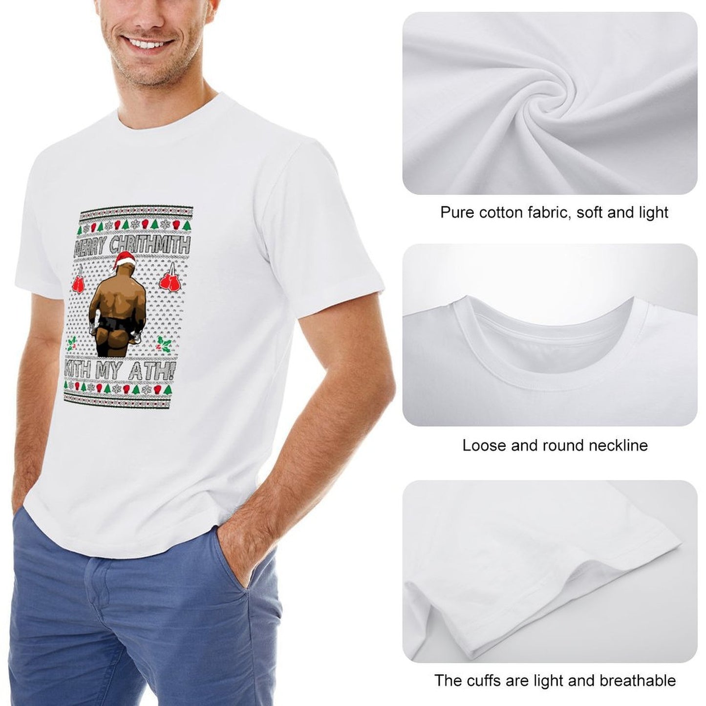 Inkmay Casual Cotton T-shirt Boxing Ugly Christmas With Santa Taint Unisex T-shirtSmoothWear Midweight T-Shirt