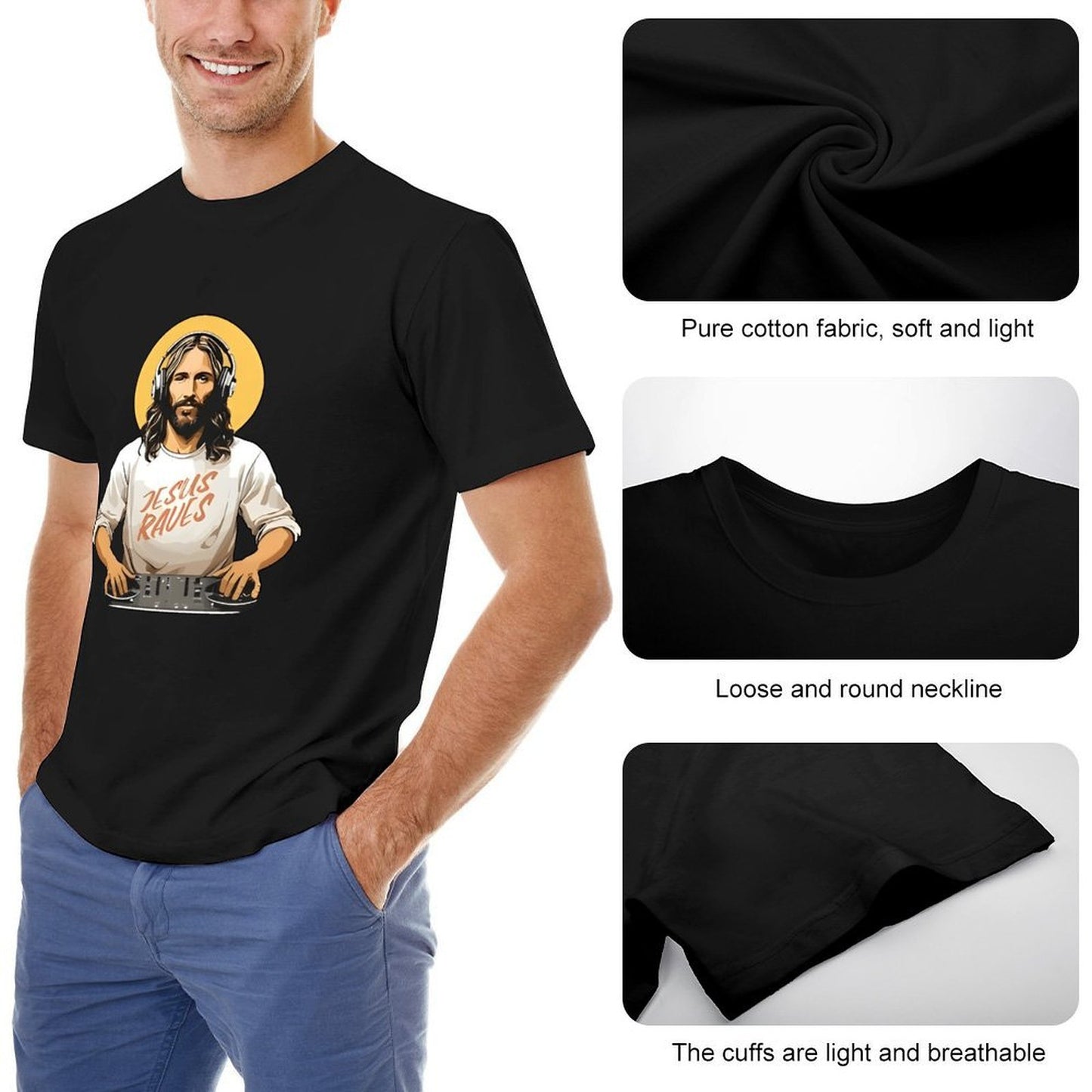 Inkmay Casual Cotton T-shirt Jesus Wears Headphones And Tshirt Unisex T-shirtSport Modern T-Shirt