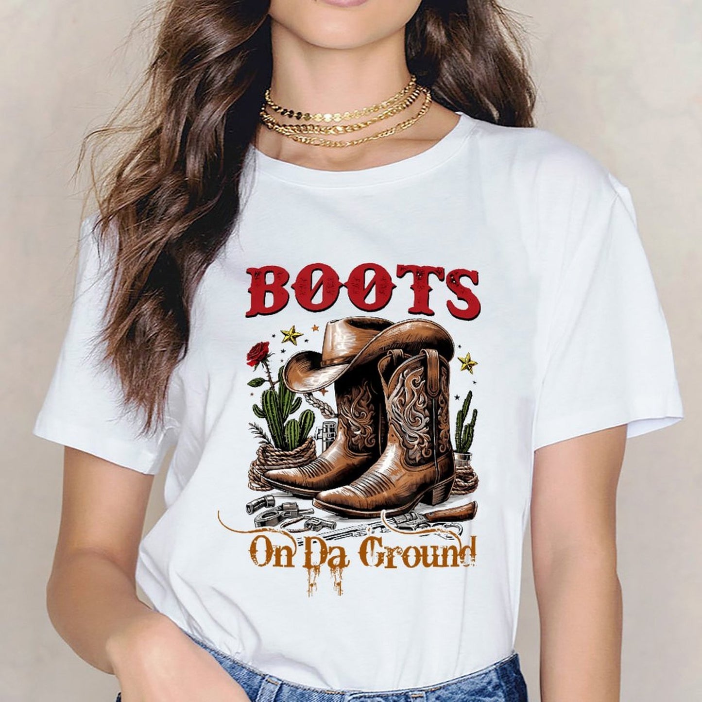 Inkmay Casual Cotton T-shirt Brown Cowboy Boots With Floral Design Unisex T-shirtVibrant Colors Reliable T-Shirt