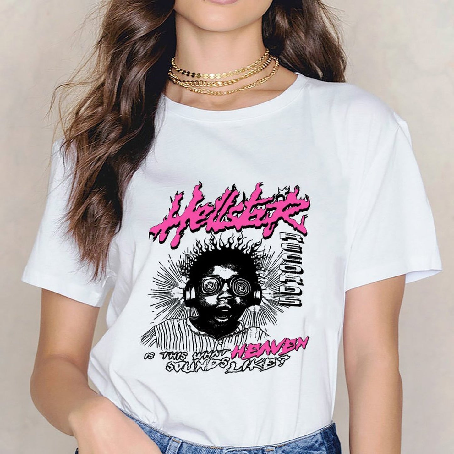 Inkmay Casual Cotton T-shirt Vivid Pink And Black Graphic Design Unisex T-shirtCrew Neck CityStyle T-Shirt