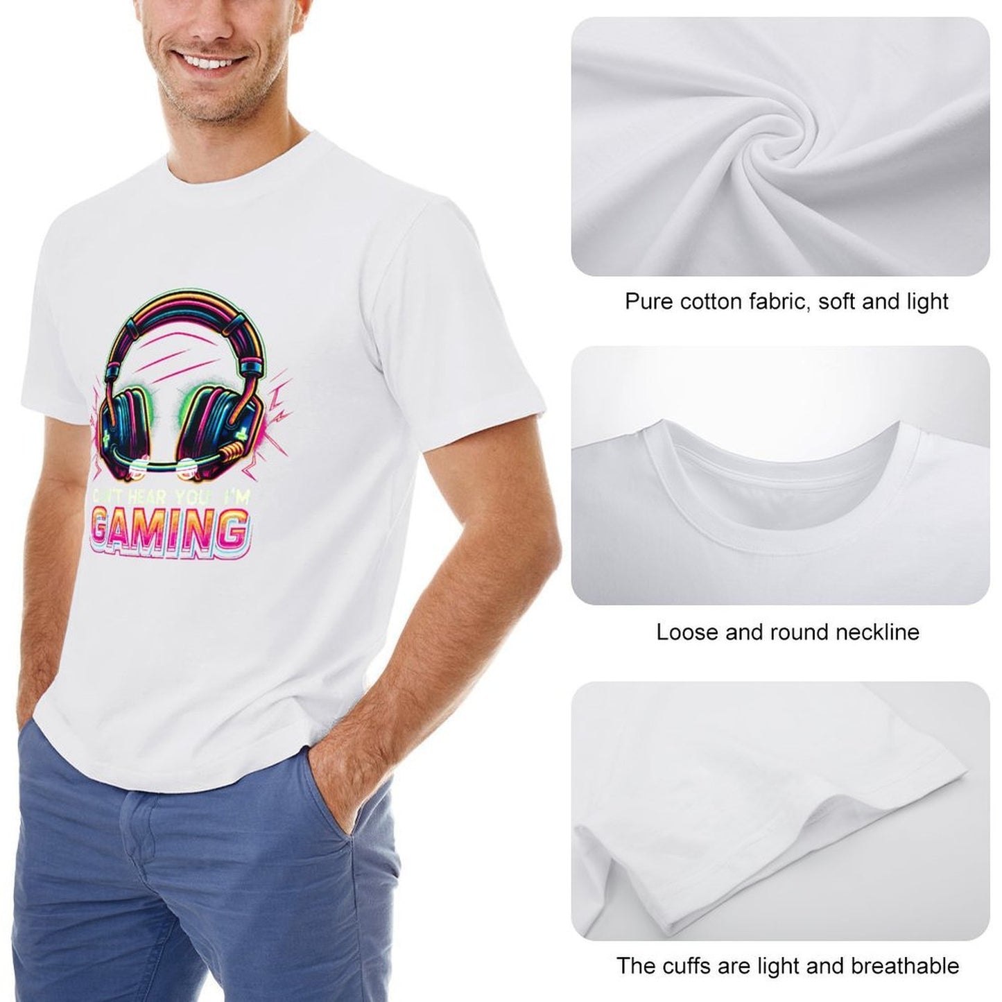 Inkmay Casual Cotton T-shirt Gaming Headphones Neon Colors Bright Design Unisex T-shirtMoisture-Wicking Natural T-Shirt