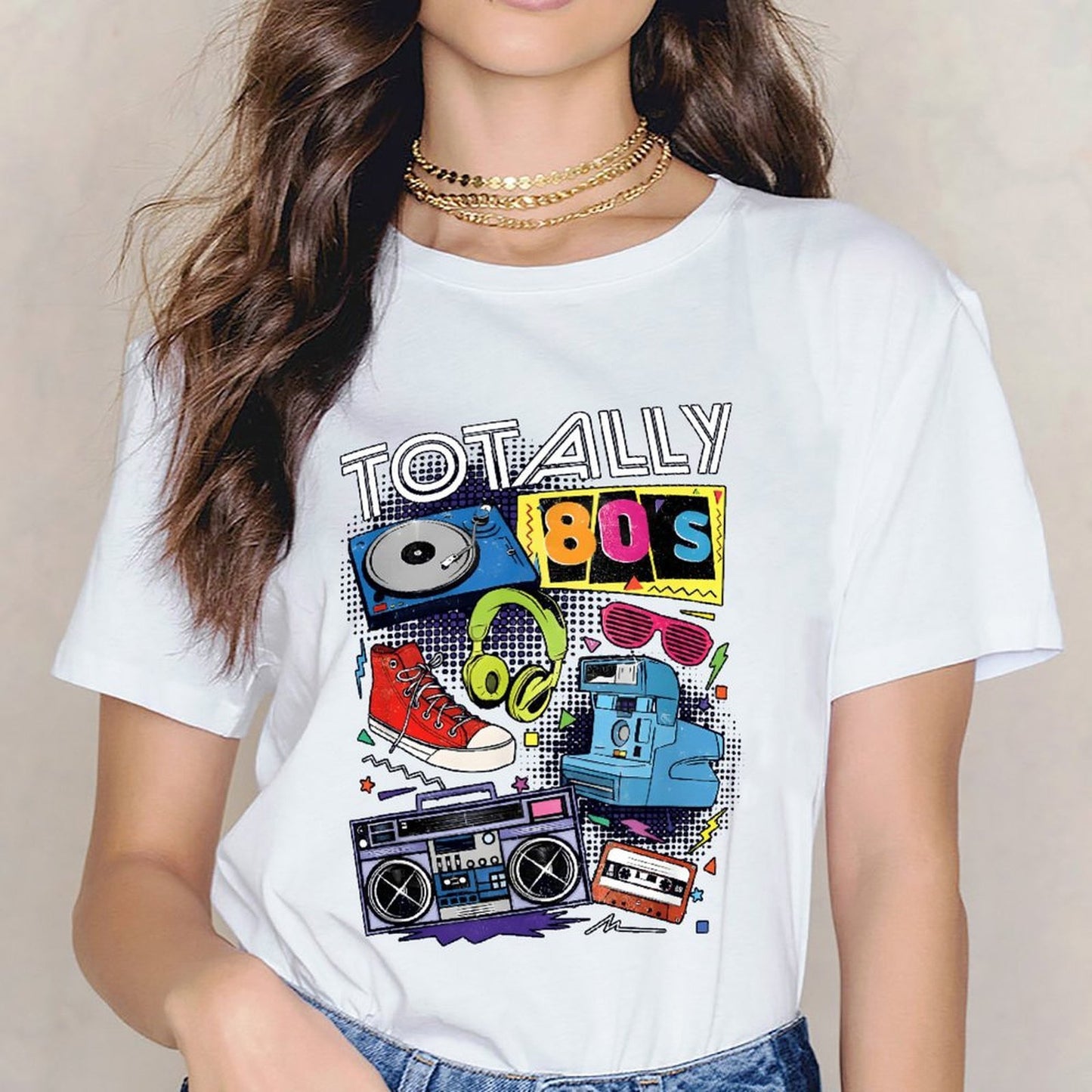 Inkmay Casual Cotton T-shirt Totally Eighties Retro Style Artwork Design Unisex T-shirtShrink-Resistant Performance T-Shirt