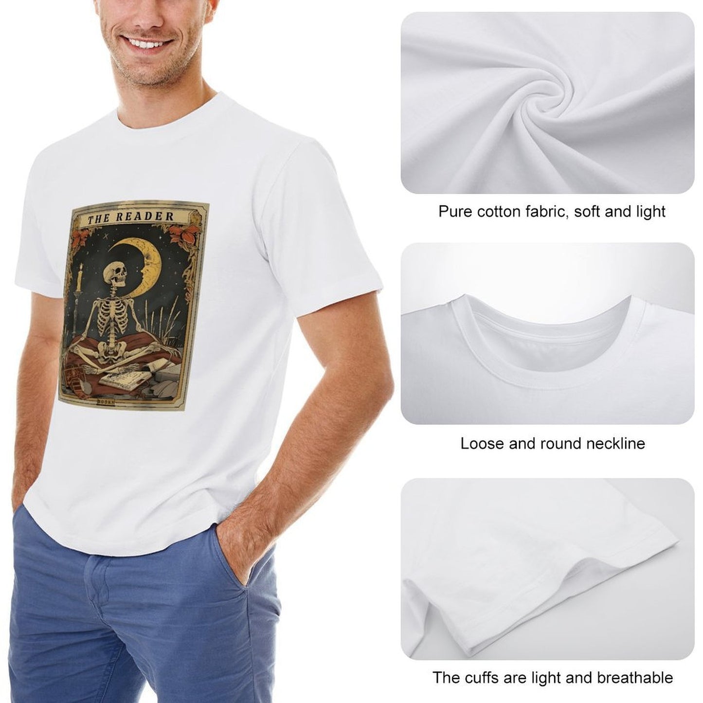 Inkmay Casual Cotton T-shirt The Reader Skeleton With Crescent Moon Unisex T-shirtSimpleFit RelaxFit T-Shirt