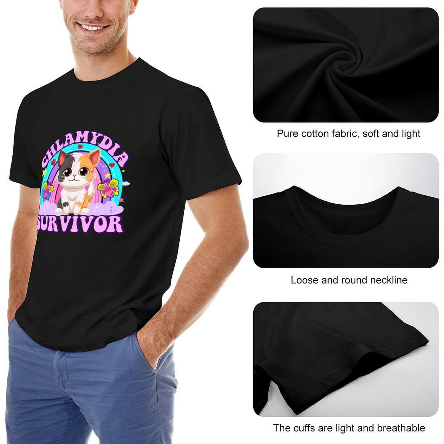 Inkmay Casual Cotton T-shirt Chlamydia Survivor Cat With Butterflies Design Unisex T-shirtEdition Refined T-Shirt