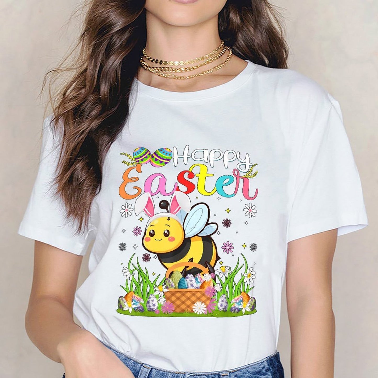 Inkmay Casual Cotton T-shirt Happy Easter Bee With Eggs Unisex T-shirtPure Classic Fit T-Shirt