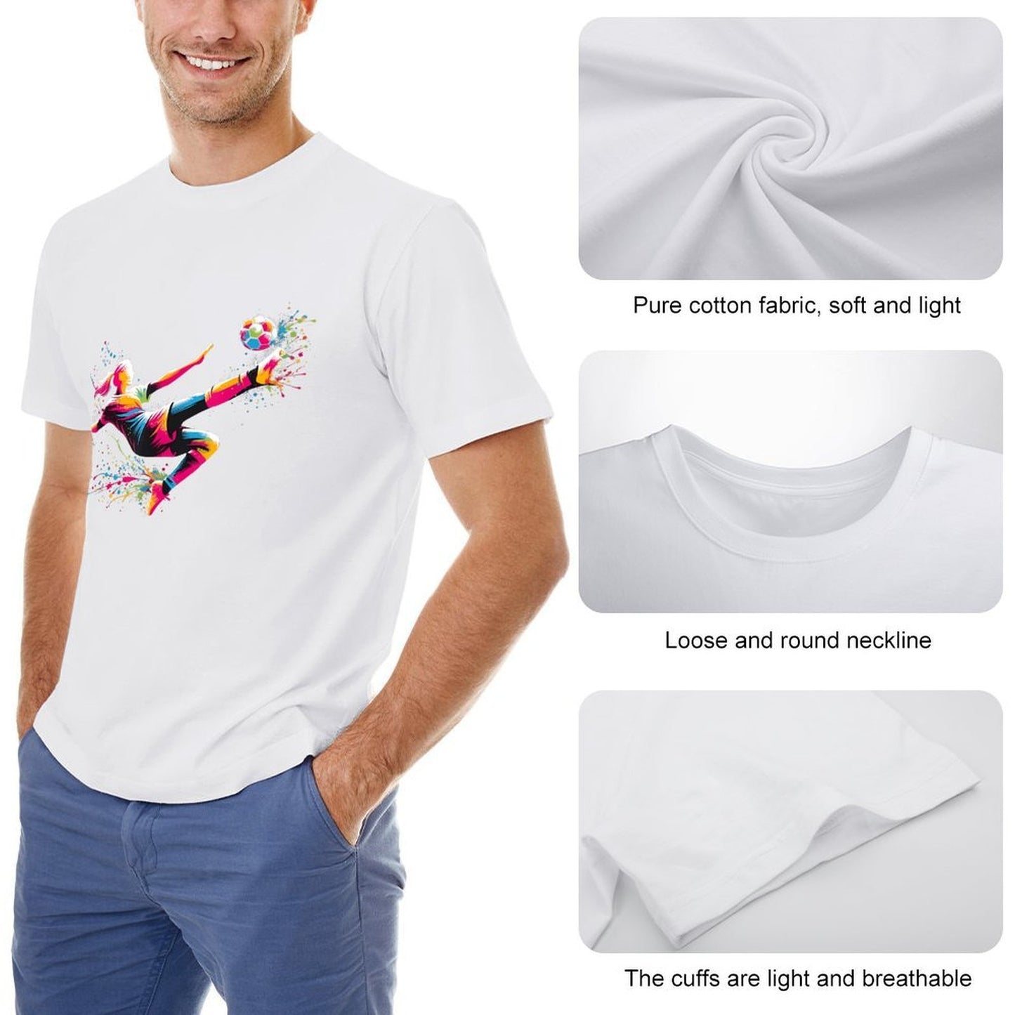 Inkmay Casual Cotton T-shirt Vibrant Soccer Player Kicking Ball Artwork Unisex T-shirt