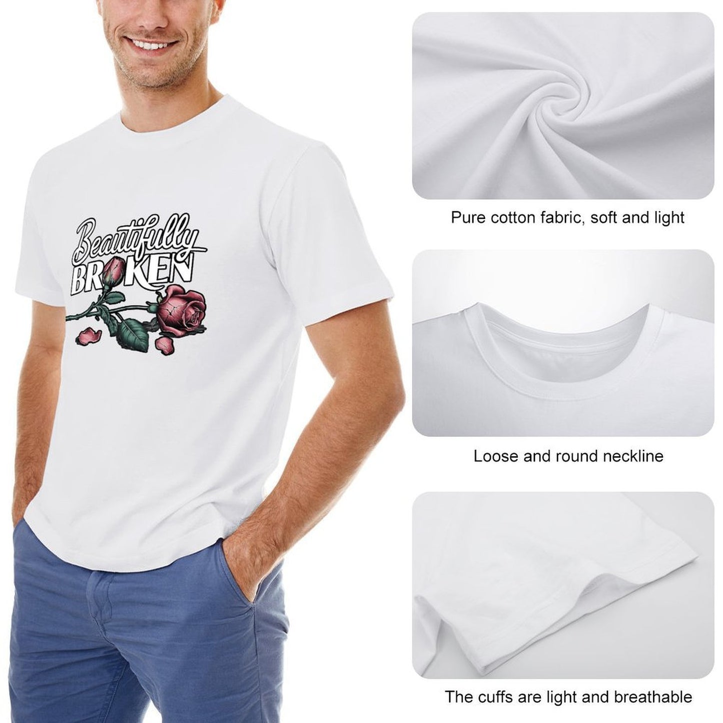 Inkmay Casual Cotton T-shirt Beautifully Broken Roses On Dark Background Unisex T-shirtClassic Fit Series T-Shirt