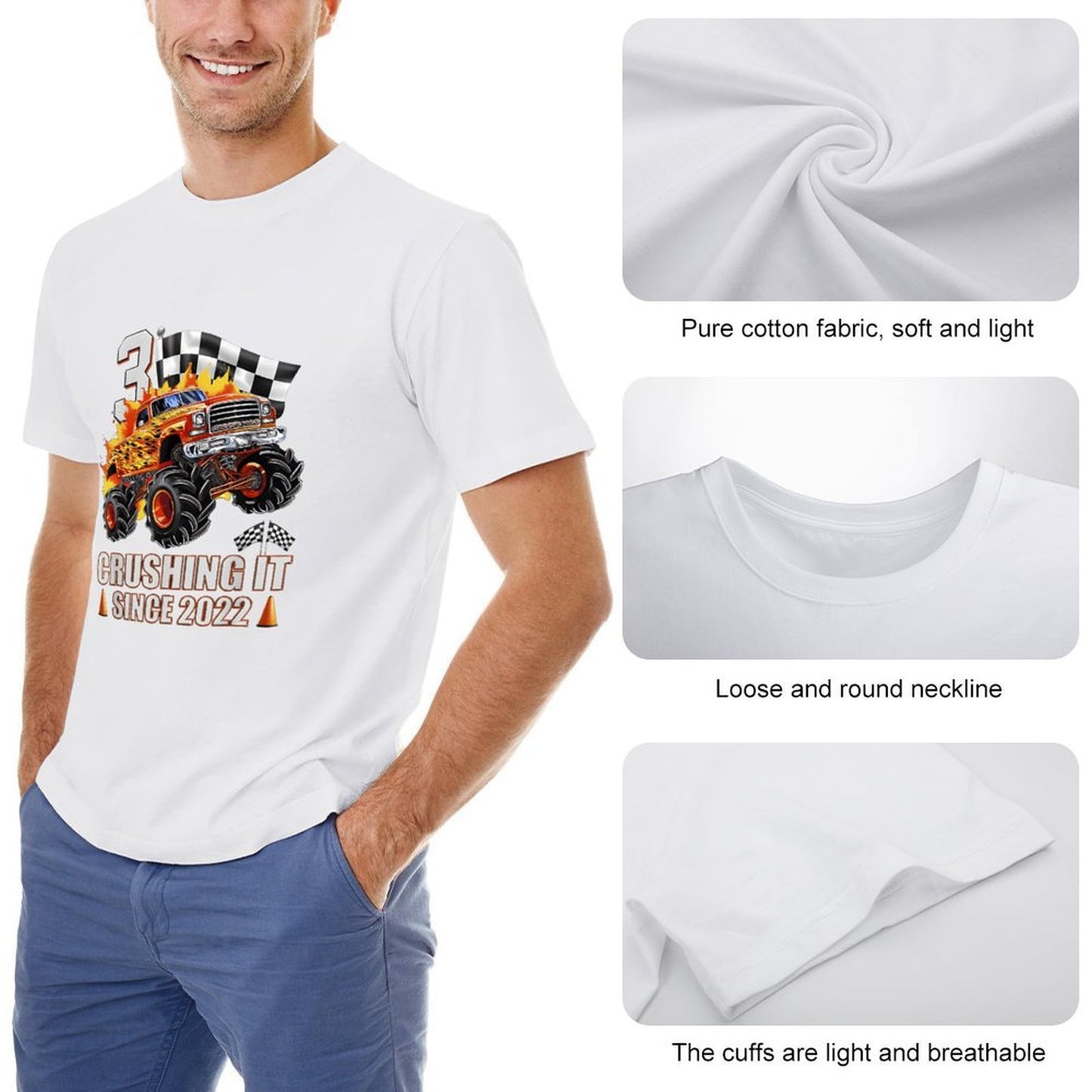 Inkmay Casual Cotton T-shirt Monster Truck With Fire Flames Unisex T-shirtNeutral SoftLine T-Shirt