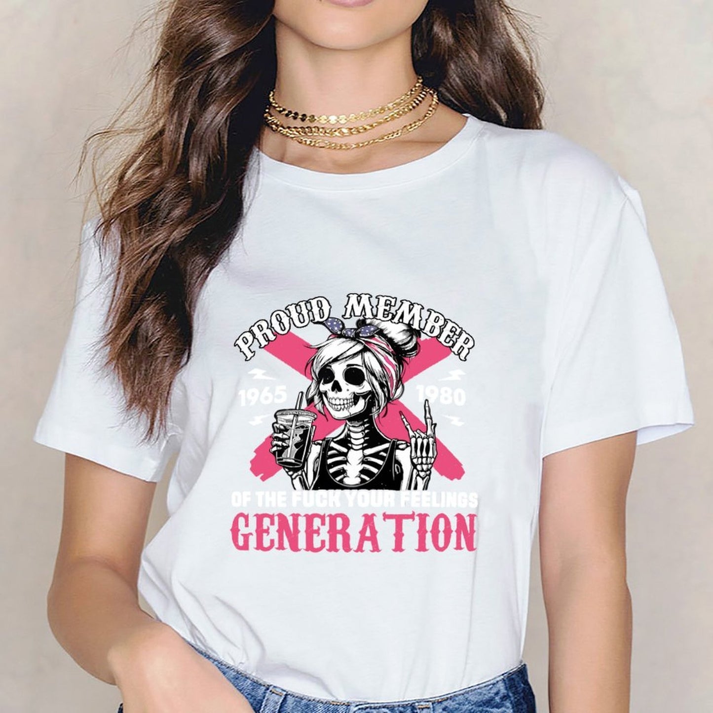 Inkmay Casual Cotton T-shirt Proud Member Skeleton Girl Pink Background Unisex T-shirtStrong V-Neck T-Shirt