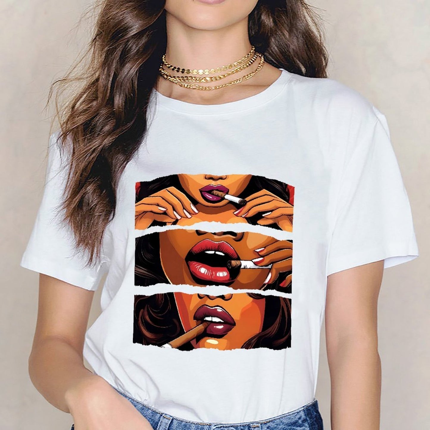 Inkmay Casual Cotton T-shirt Smoking Woman Artistic Pattern Prints Design Unisex T-shirtRecycled Natural T-Shirt