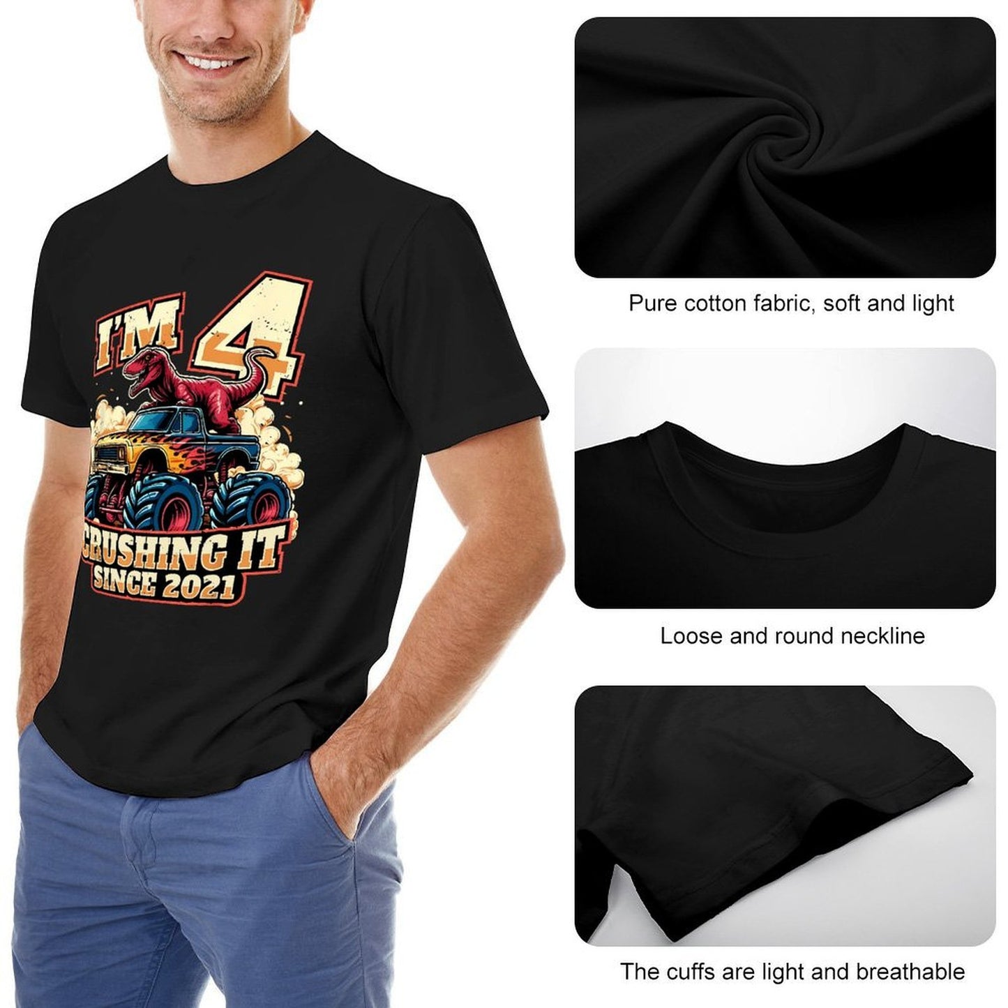 Inkmay Casual Cotton T-shirt Dinosaur Riding Monster Truck Crushing It Unisex T-shirtClassic SoftWear T-Shirt