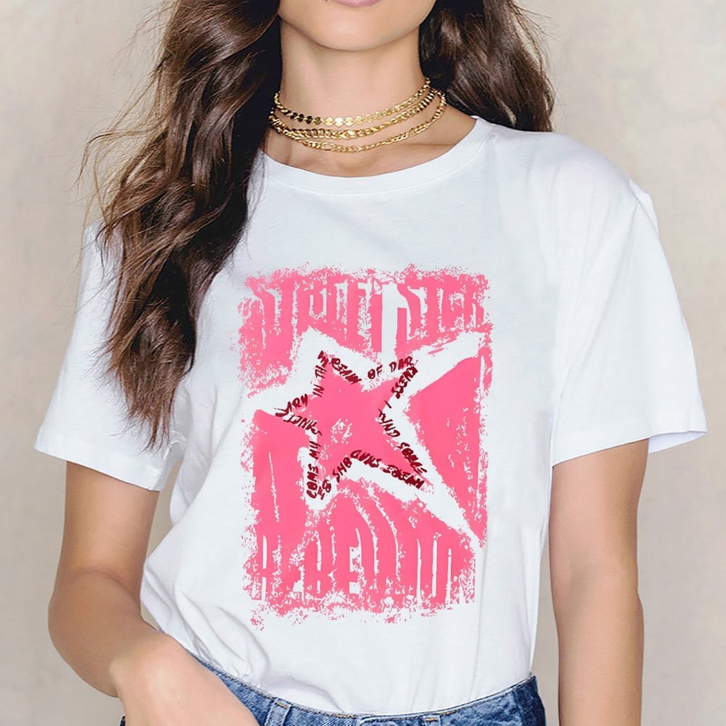 Inkmay Casual Cotton T-shirt Pink Grunge Star With Text Overlays Unisex T-shirtRetro Men¡¯s / Women¡¯s / Youth T-Shirt