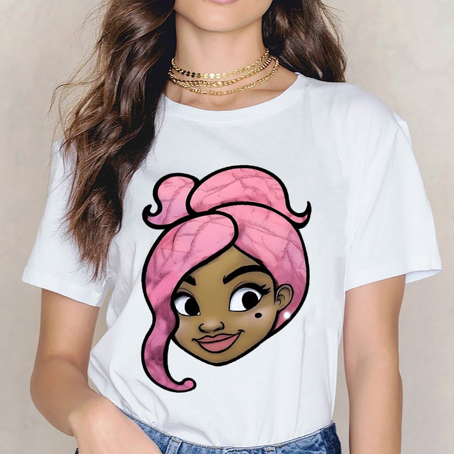 Inkmay Casual Cotton T-shirt Pink Hair With Swirls And Highlights Unisex T-shirtDaily ClassicSeries T-Shirt