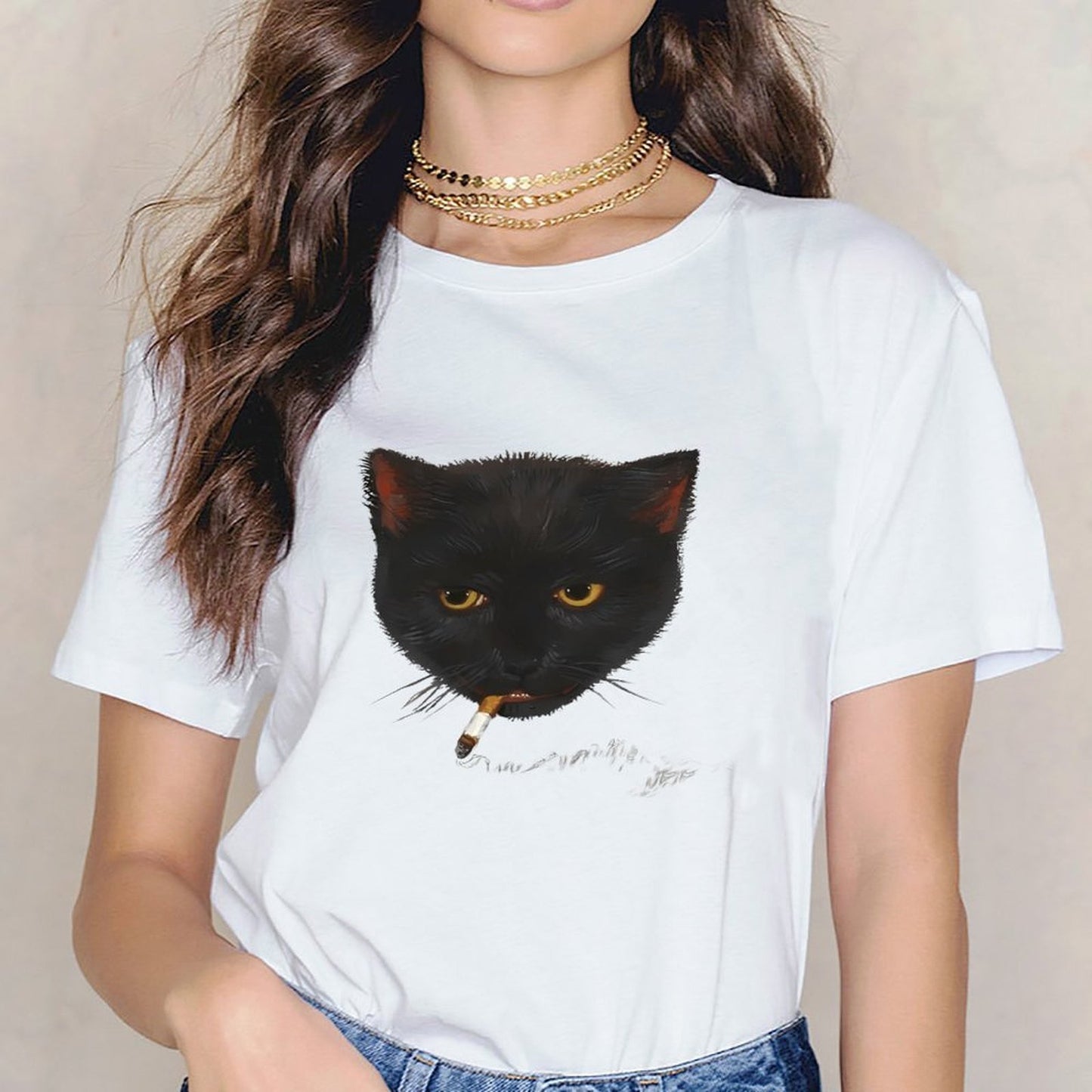 Inkmay Casual Cotton T-shirt Black Cat Smoking Cigarette Art Print Unisex T-shirtRetro Daily T-Shirt