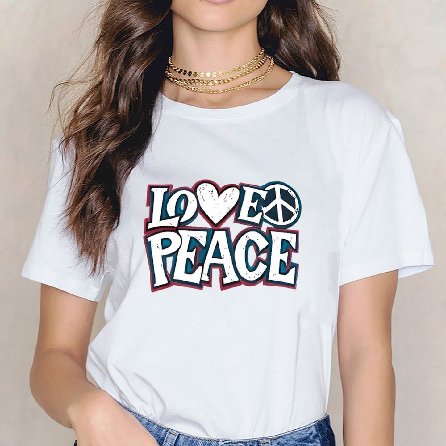 Inkmay Casual Cotton T-shirt Love Peace Pattern Prints With Symbols Unisex T-shirtSimpleFit StreetStyle T-Shirt