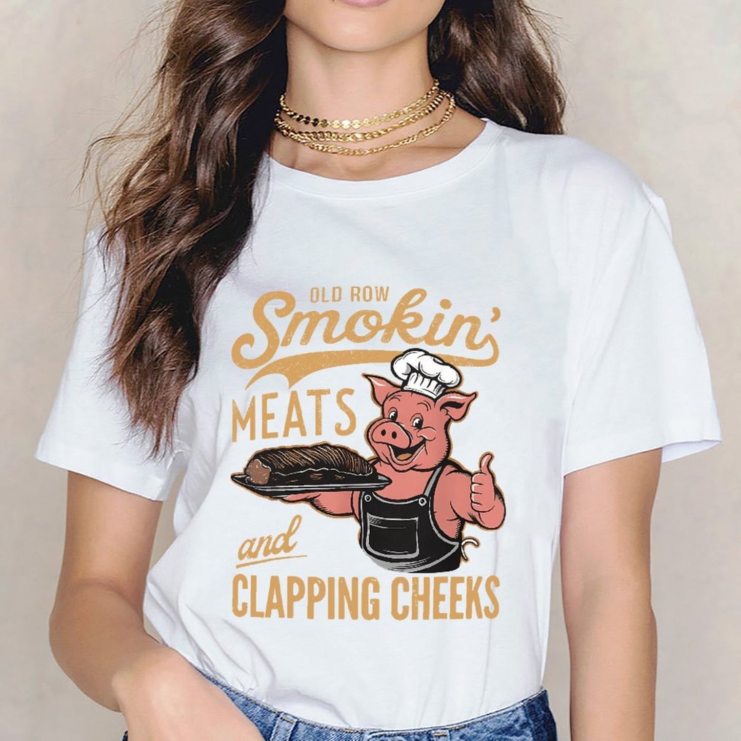 Inkmay Casual Cotton T-shirt Pig Holding Platter With Meat Dish Unisex T-shirtClean Fresh T-Shirt