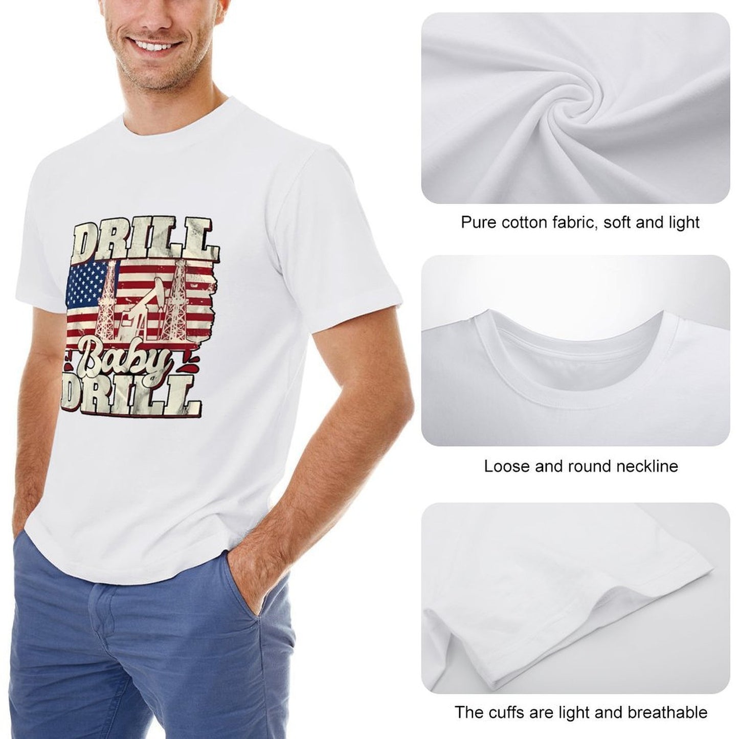 Inkmay Casual Cotton T-shirt Drill Baby Drill Usa Flag Pattern Unisex T-shirtStreetLine Fresh T-Shirt