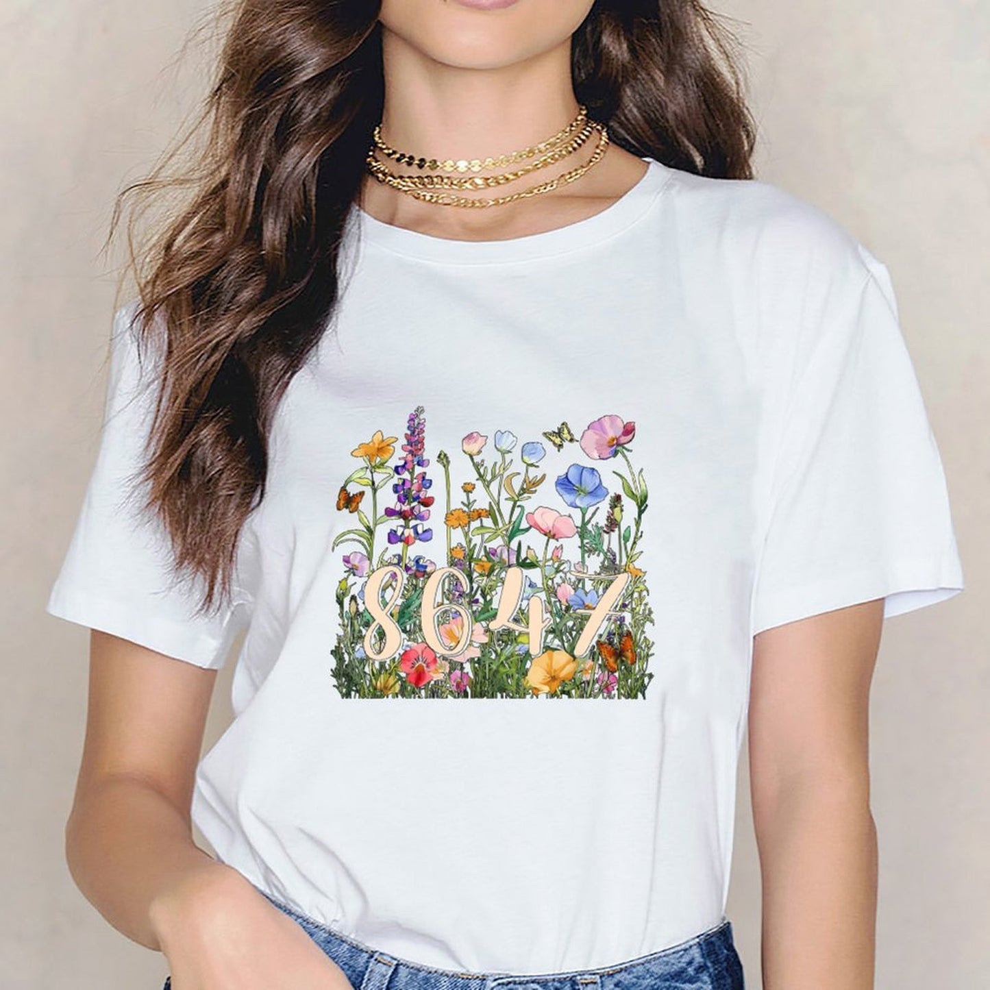 Inkmay Casual Cotton T-shirt Floral Pattern With Numbers And Butterflies Unisex T-shirtTimelessStyle Urban T-Shirt