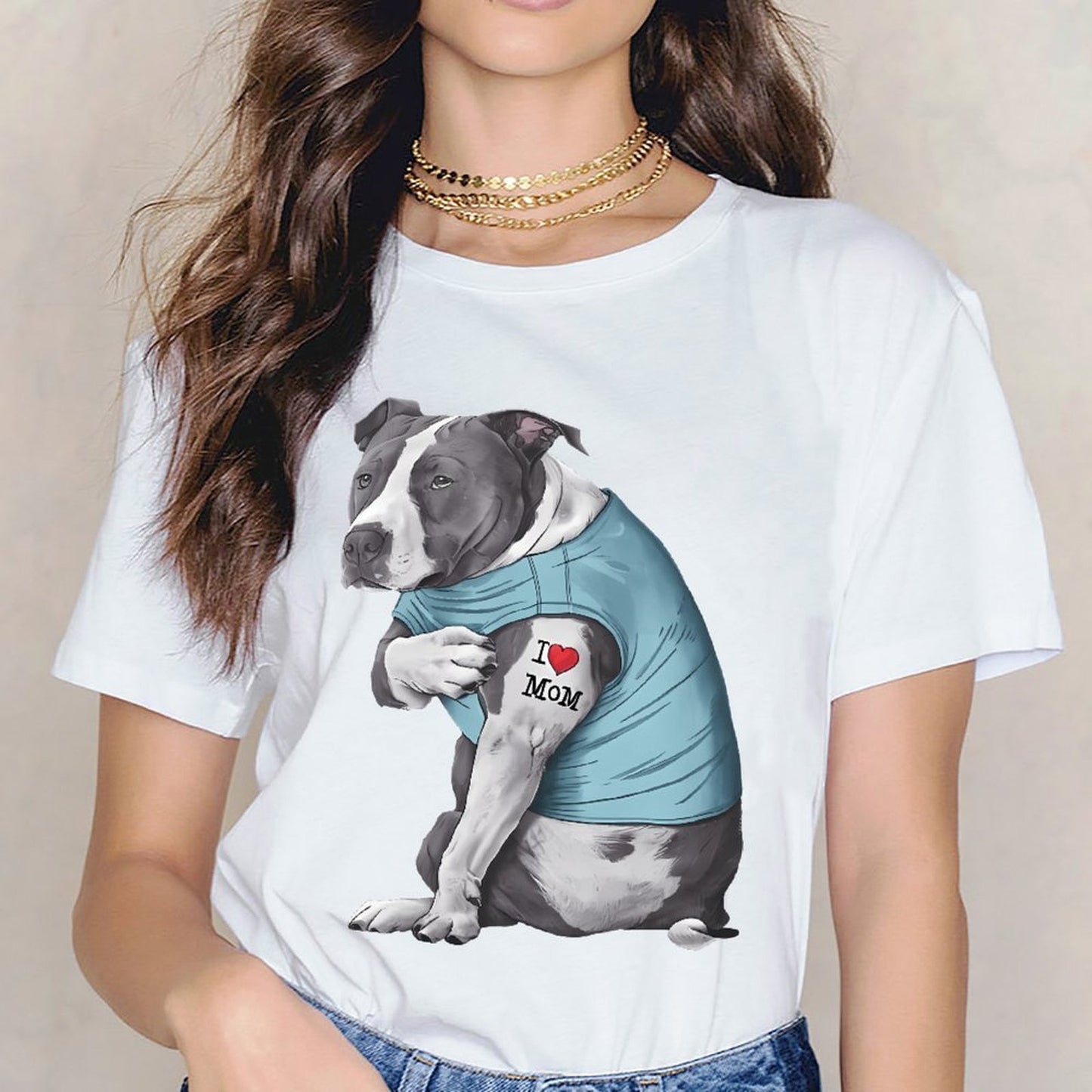 Inkmay Casual Cotton T-shirt Dog Wears Blue Shirt Tattoo Mom Unisex T-shirtEveryday ClassicStyle T-Shirt