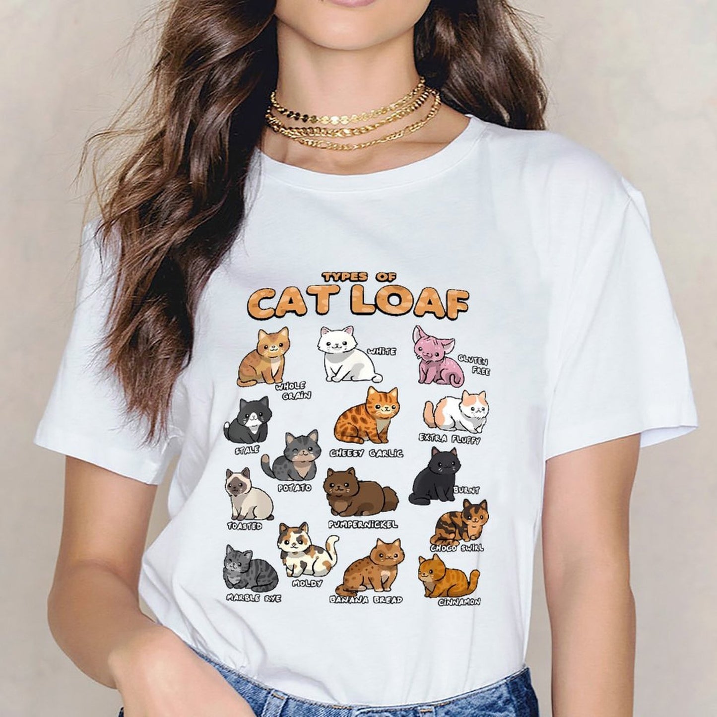 Inkmay Casual Cotton T-shirt Cat Loaf Types Illustrated Cartoonishly Unisex T-shirtRegularFit Durable T-Shirt