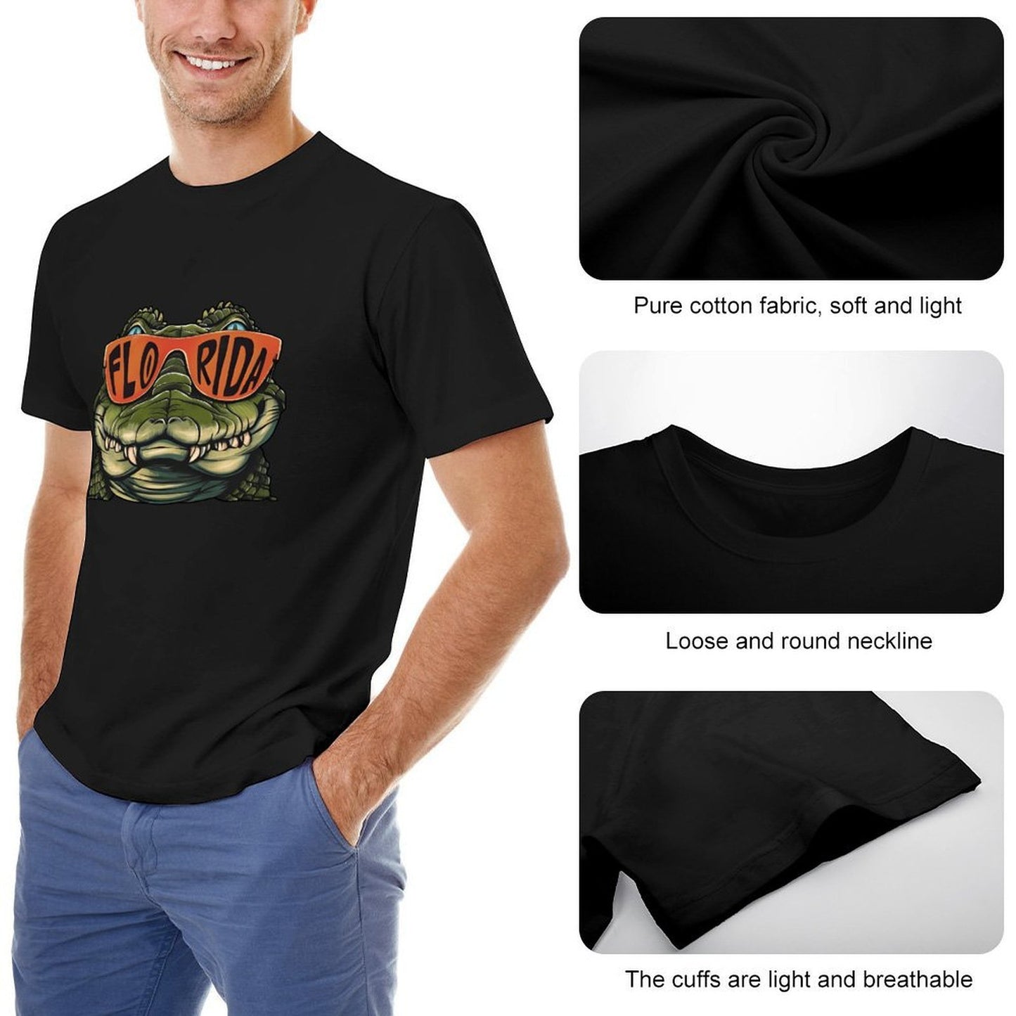 Inkmay Casual Cotton T-shirt Alligator Wearing Sunglasses With Florida Print Unisex T-shirtClassic Fit PremiumSeries T-Shirt