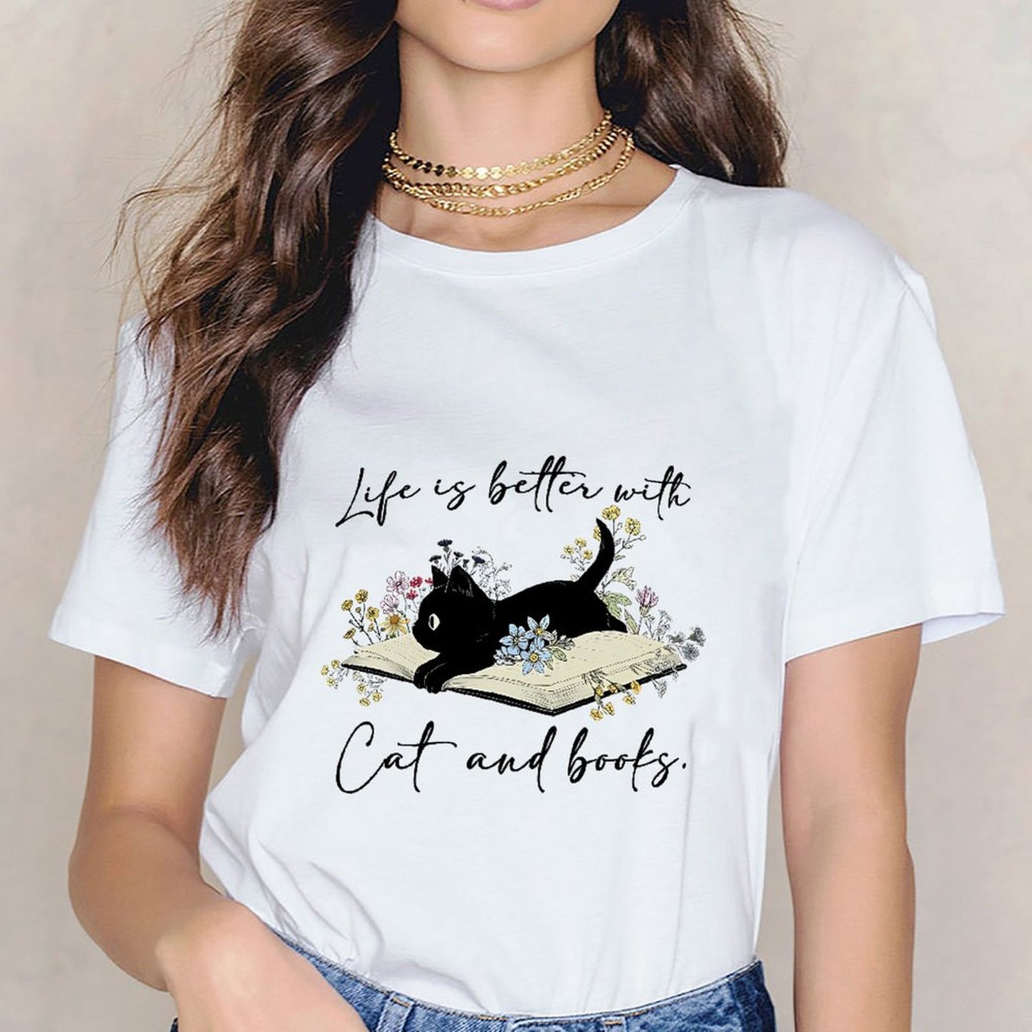 Inkmay Casual Cotton T-shirt Cat Reading Book Among Flowers Art Unisex T-shirtStandard Pure T-Shirt