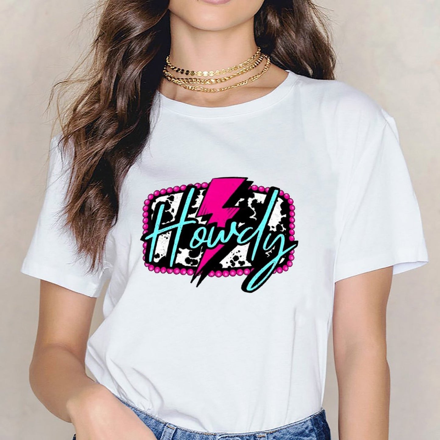 Inkmay Casual Cotton T-shirt Howdy With Pink And Teal Splashes Unisex T-shirtClassic Bold T-Shirt