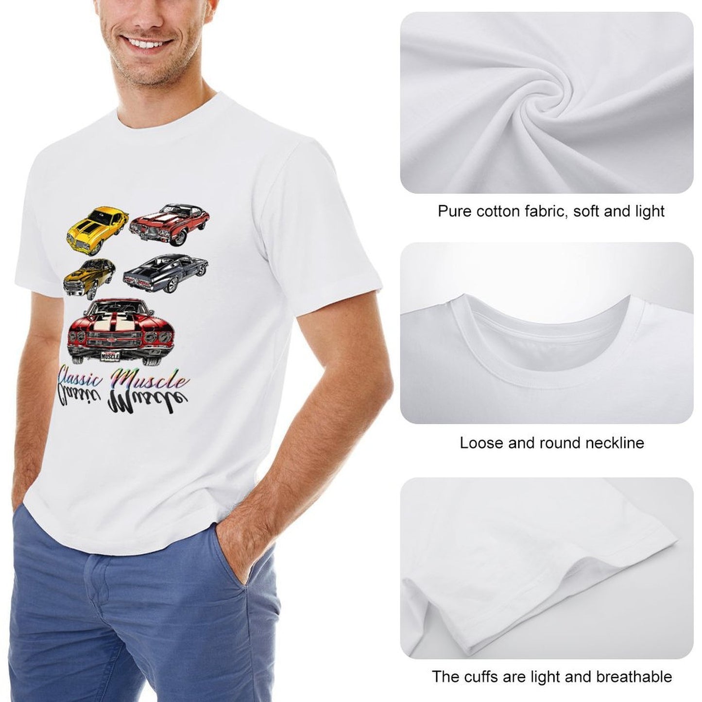 Inkmay Casual Cotton T-shirt Classic Muscle Cars Pattern Prints Design Unisex T-shirtActiveWear Wrinkle-Free T-Shirt