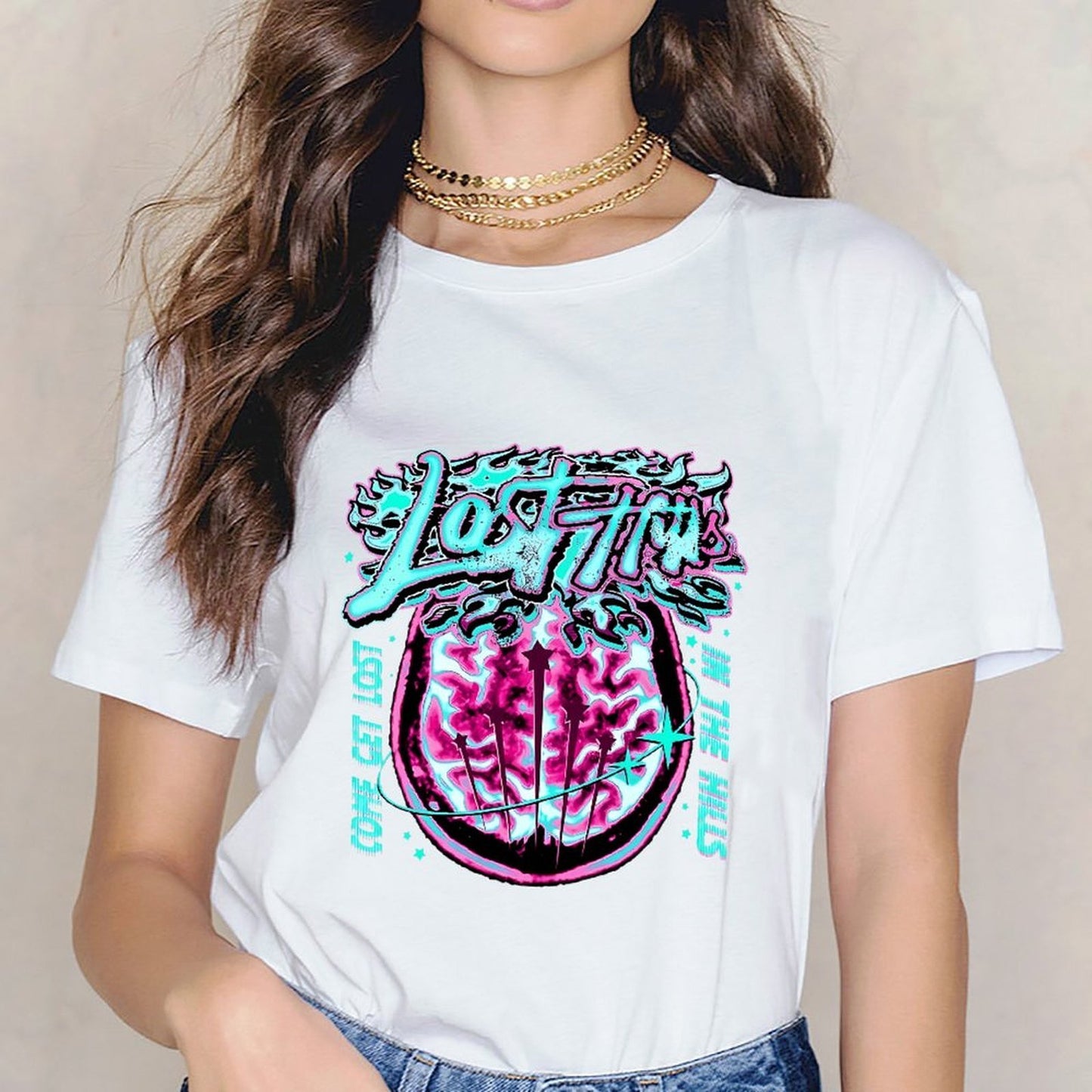 Inkmay Casual Cotton T-shirt Lost Minds Brain Art Print Design Unisex T-shirtSharp Print-Ready T-Shirt