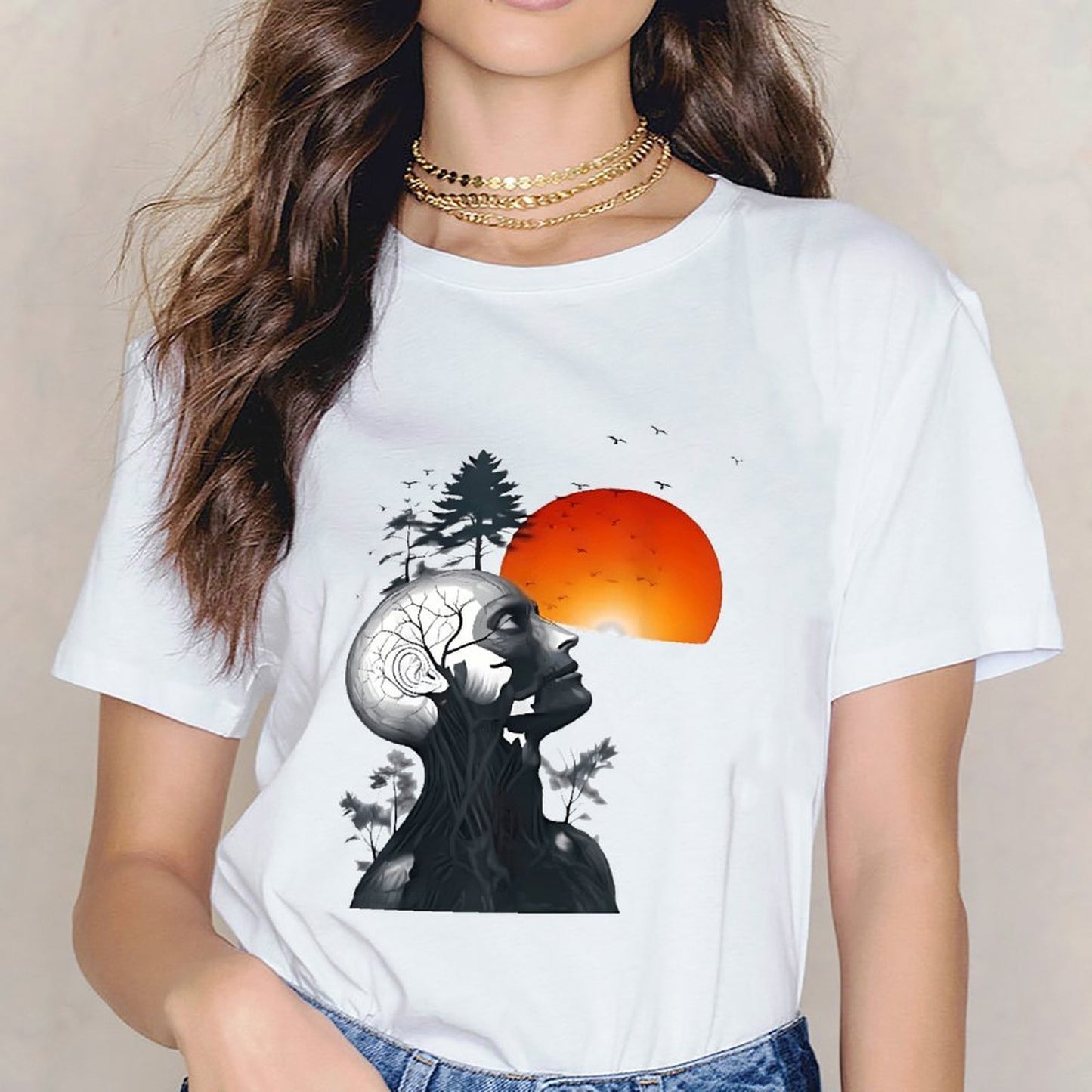 Inkmay Casual Cotton T-shirt Abstract Human Head With Nature Elements Unisex T-shirtFresh Wrinkle-Free T-Shirt