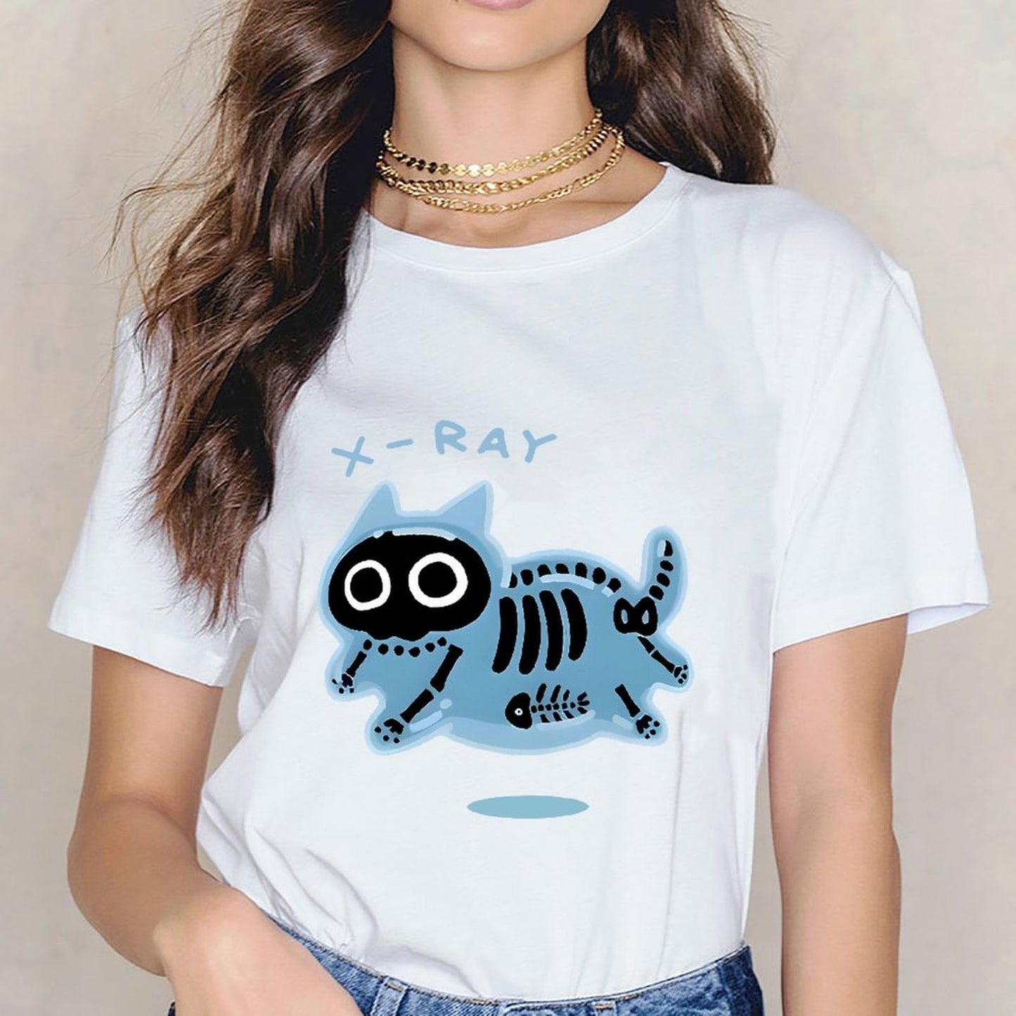 Inkmay Casual Cotton T-shirt Blue Cat Skeleton Print Design Art Unisex T-shirtSmooth Design-Your-Own T-Shirt