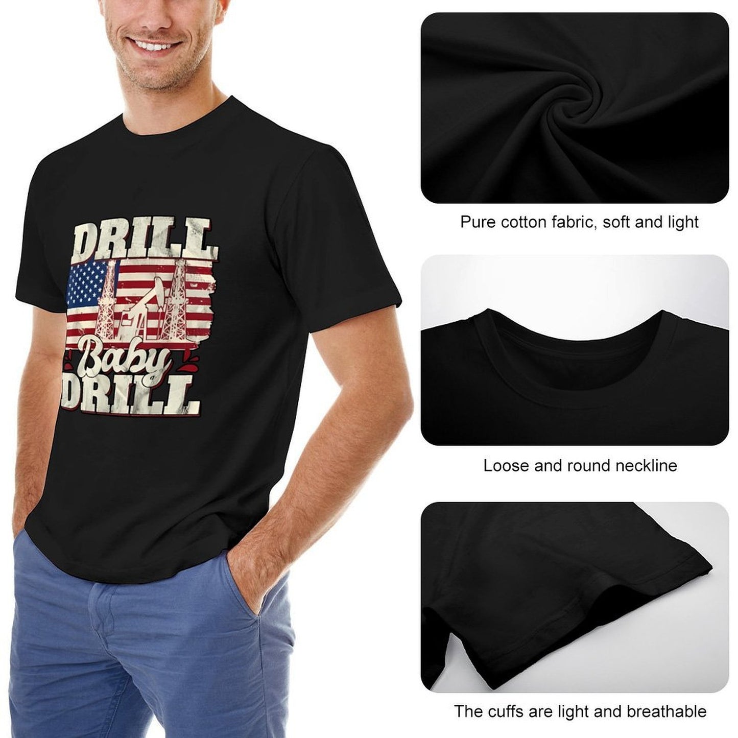 Inkmay Casual Cotton T-shirt Drill Baby Drill Usa Flag Pattern Unisex T-shirtStreetLine Fresh T-Shirt