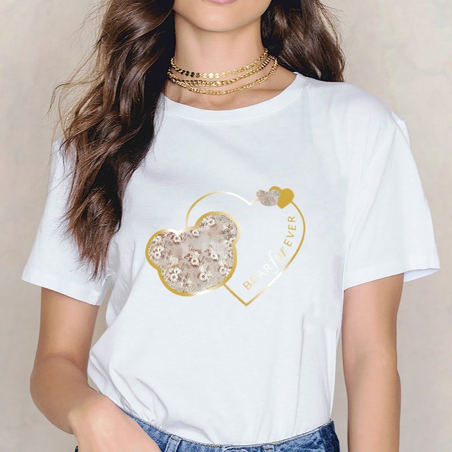 Inkmay Casual Cotton T-shirt Heart Shaped Floral Pattern With Gold Unisex T-shirtEverydaySeries Smooth Feel T-Shirt
