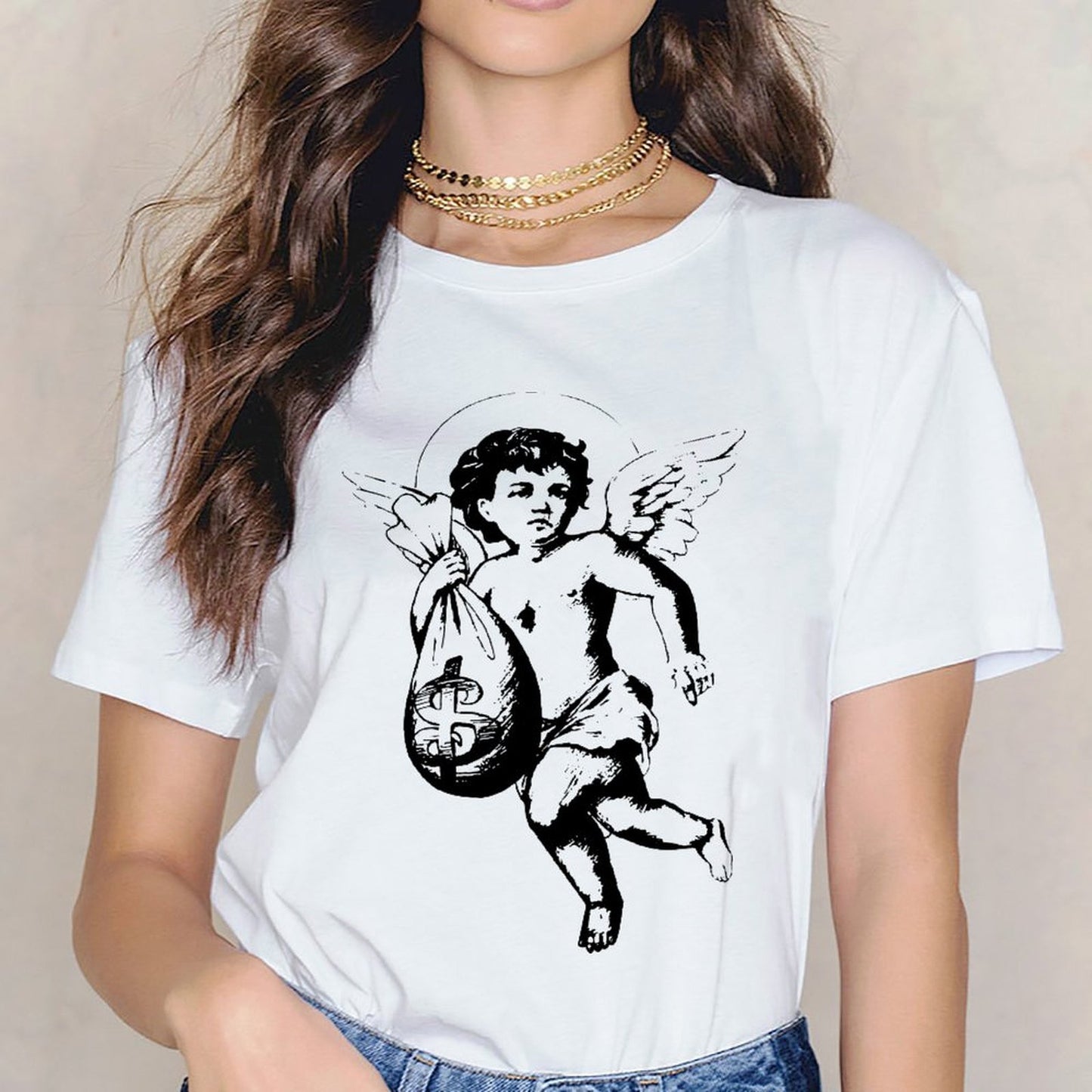 Inkmay Casual Cotton T-shirt Sugar Skull With Roses And Mustache Unisex T-shirtSeamless Relaxed T-Shirt