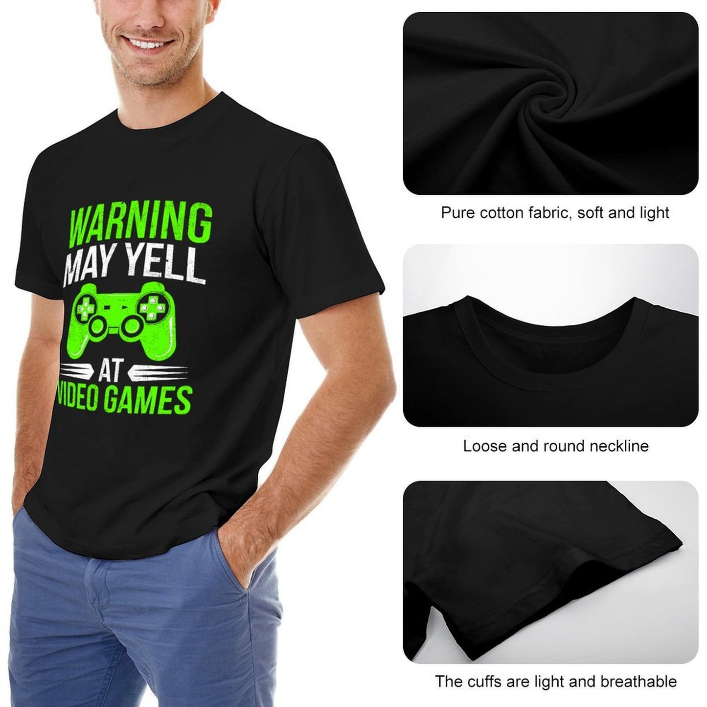 Inkmay Casual Cotton T-shirt Green Game Controller On White Background Unisex T-shirt