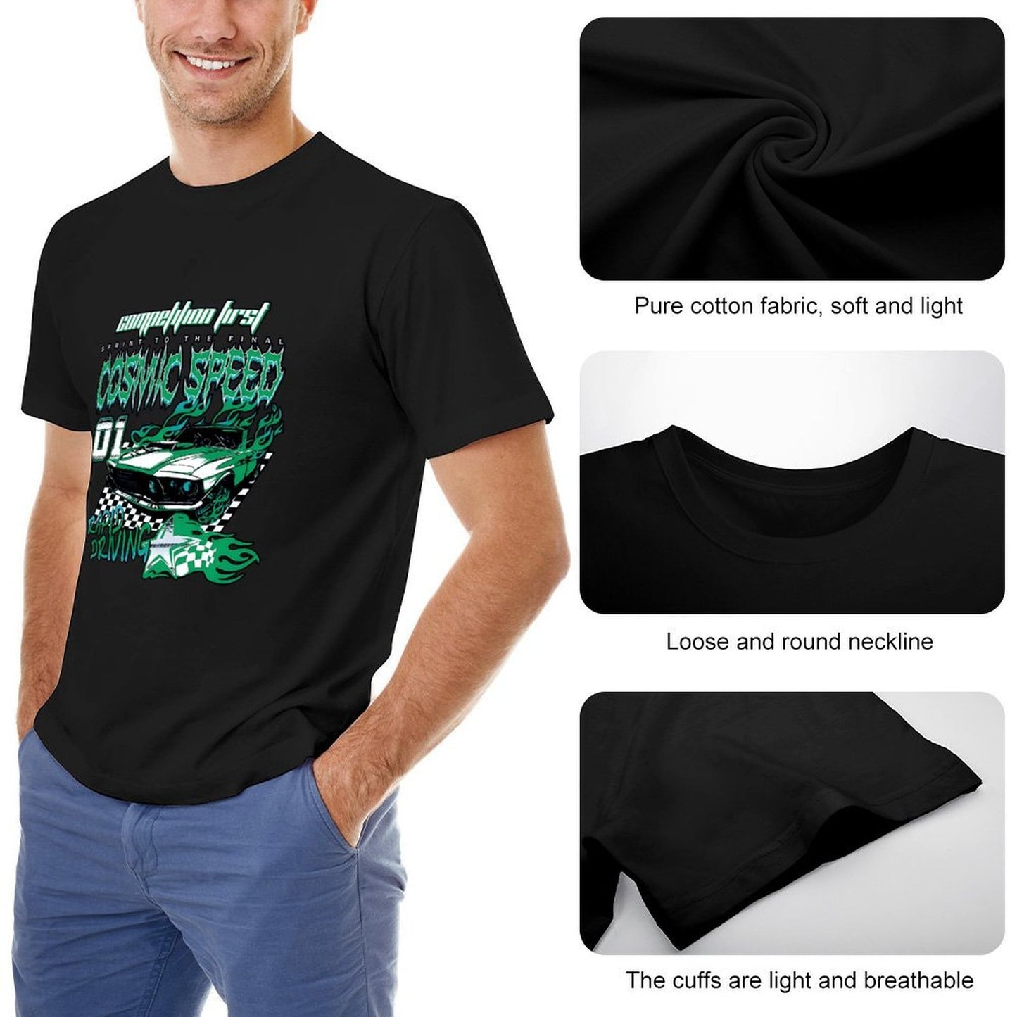 Inkmay Casual Cotton T-shirt Cosmic Speed Car Racing Design Art Unisex T-shirtHeat-Transfer Comfort T-Shirt