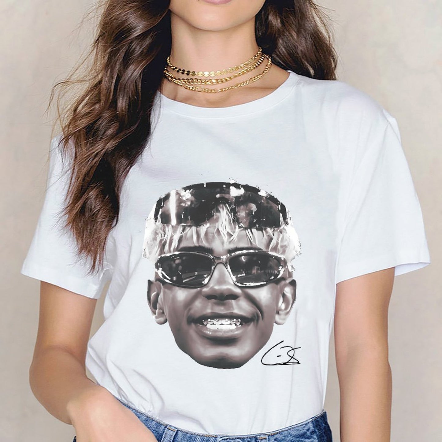 Inkmay Casual Cotton T-shirt Stylized Face With Reflective Sunglasses Design Unisex T-shirtSport YearRound T-Shirt