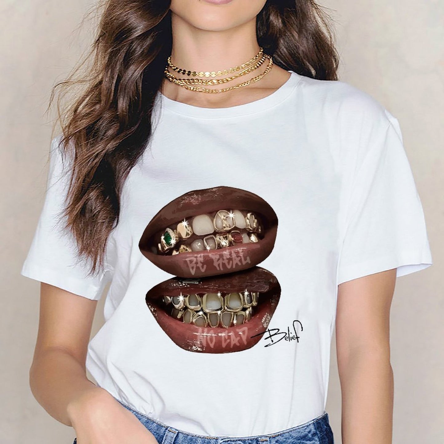 Inkmay Casual Cotton T-shirt Golden Teeth With Shiny Gems Embedded Unisex T-shirtLightweight Chill T-Shirt
