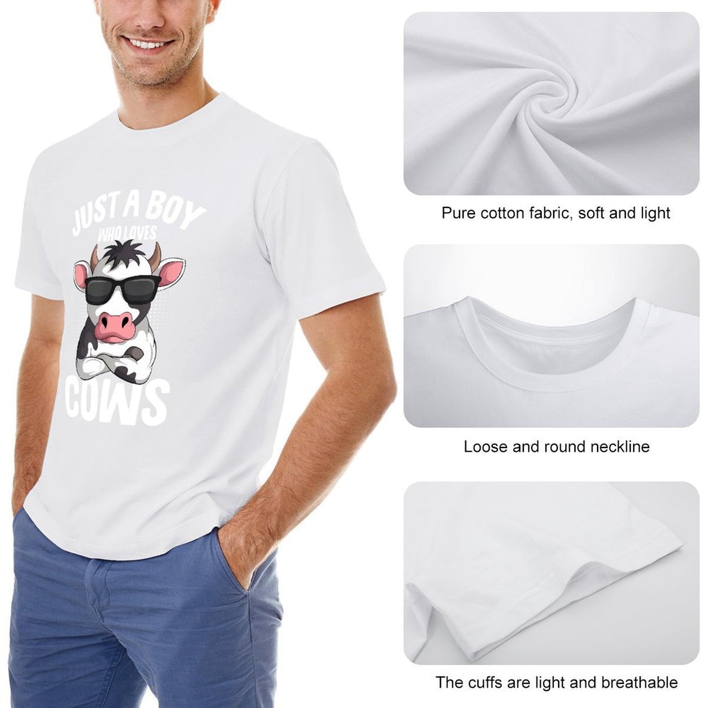 Inkmay Casual Cotton T-shirt Cool Cow Wearing Sunglasses Art Print Unisex T-shirtLooseFit YearRound T-Shirt