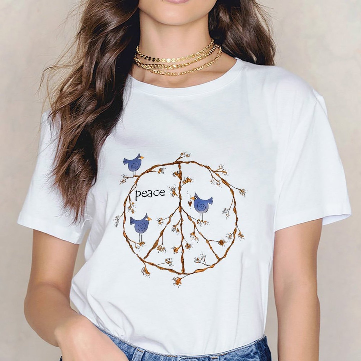 Inkmay Casual Cotton T-shirt Peace Sign With Birds And Branches Unisex T-shirtPureStyle Premium T-Shirt