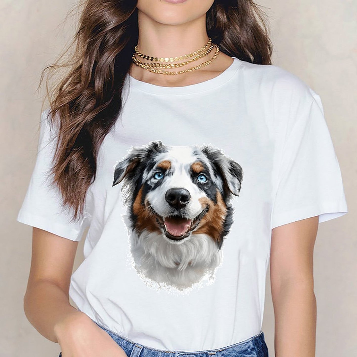 Inkmay Casual Cotton T-shirt Colorful Dog Portrait With Blue Eyes Unisex T-shirtClassic Fit 100% Cotton T-Shirt