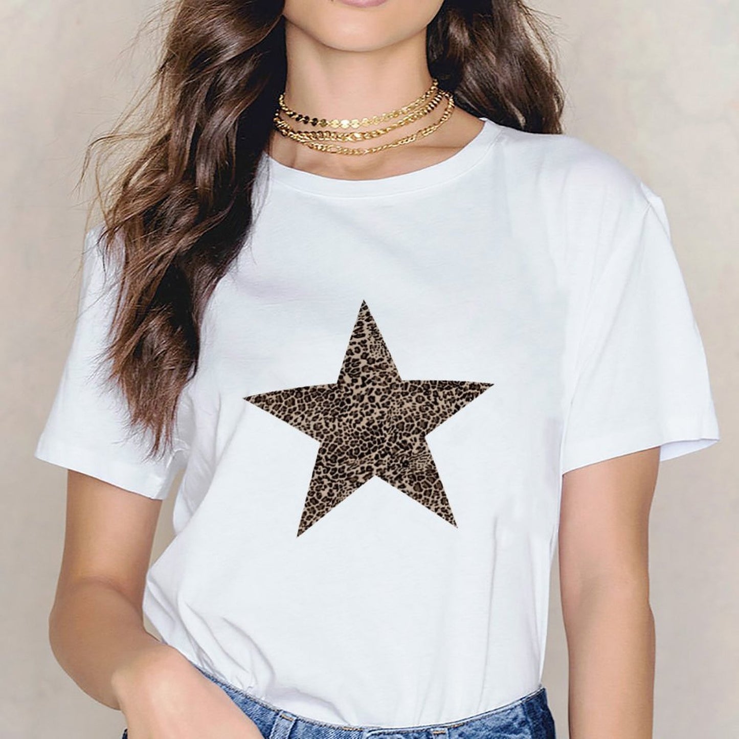 Inkmay Casual Cotton T-shirt Leopard Print Star On Striped Background Unisex T-shirtSmooth Feel Plain T-Shirt