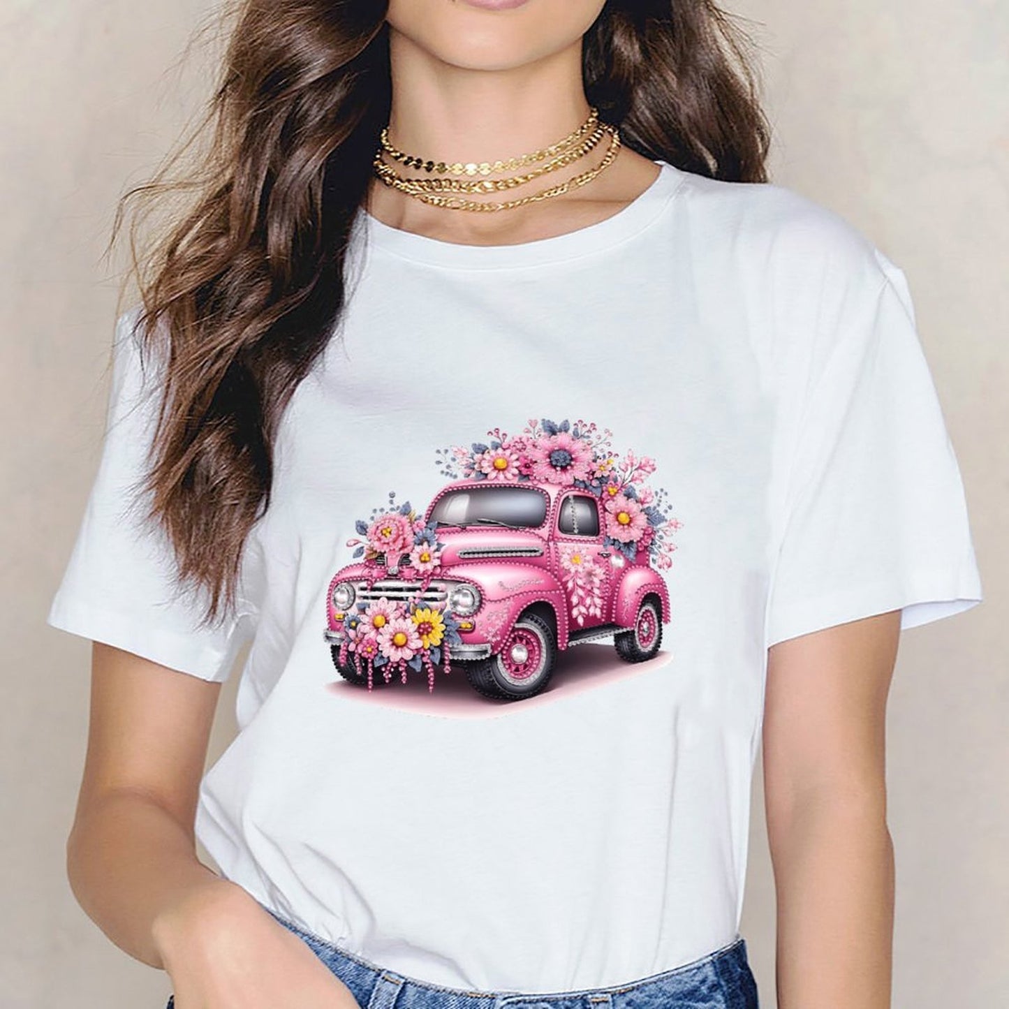Inkmay Casual Cotton T-shirt Floral Decorated Pink Car Artwork Unisex T-shirtComfort Crisp Print T-Shirt