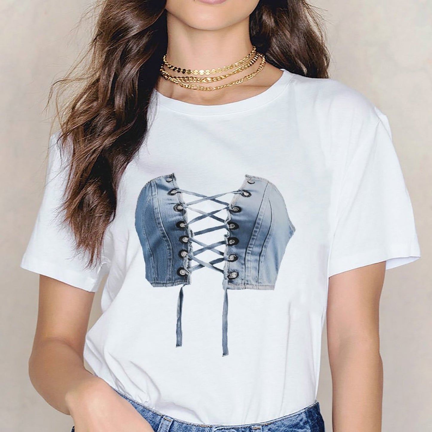 Inkmay Casual Cotton T-shirt Denim Material With Lace Up Design Unisex T-shirtShrink-Resistant Fade-Proof T-Shirt