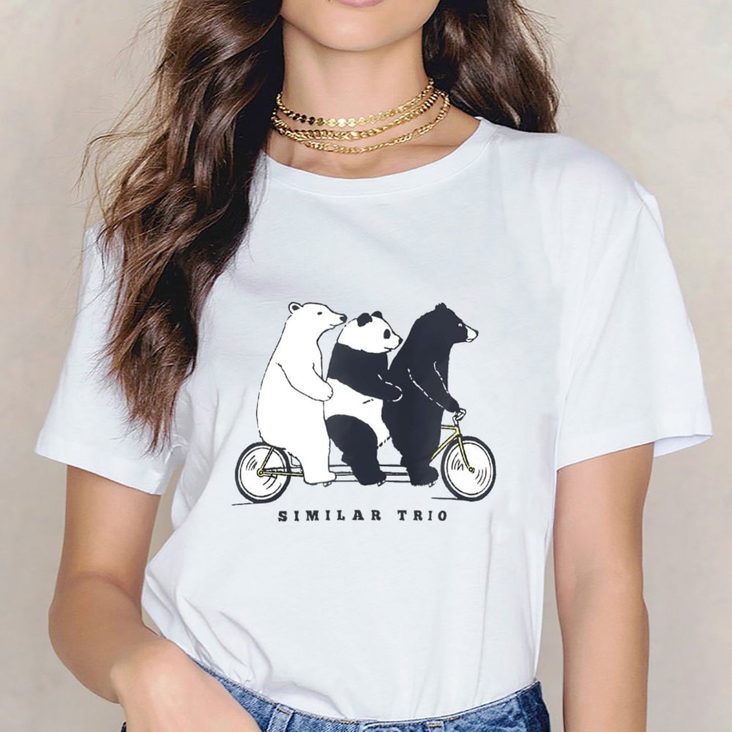 Inkmay Casual Cotton T-shirt Three Bears Riding A Bicycle Together Unisex T-shirtRecycled Midweight T-Shirt