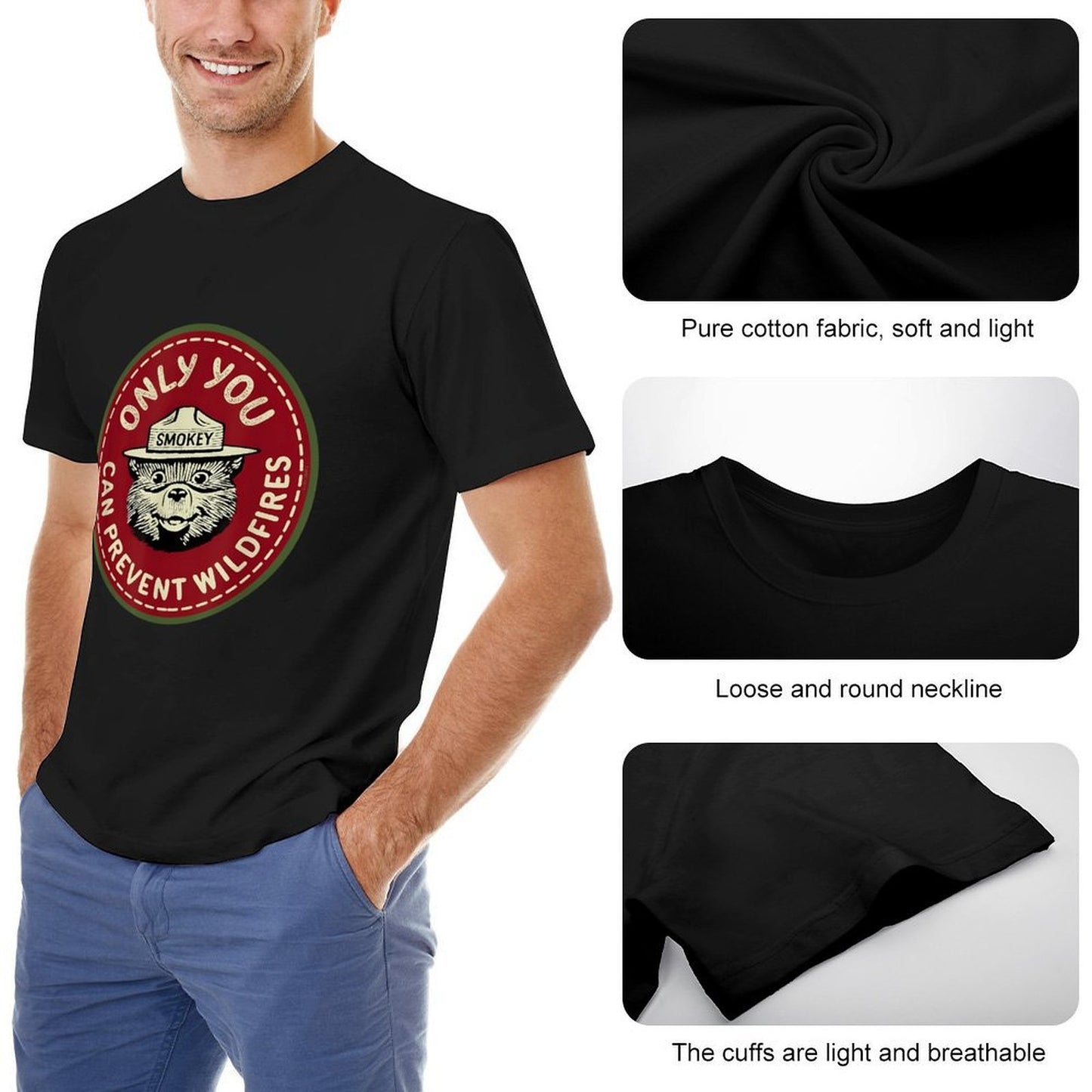 Inkmay Casual Cotton T-shirt Only You Can Prevent Wildfires Smokey Unisex T-shirtMidweight SoftTouch T-Shirt