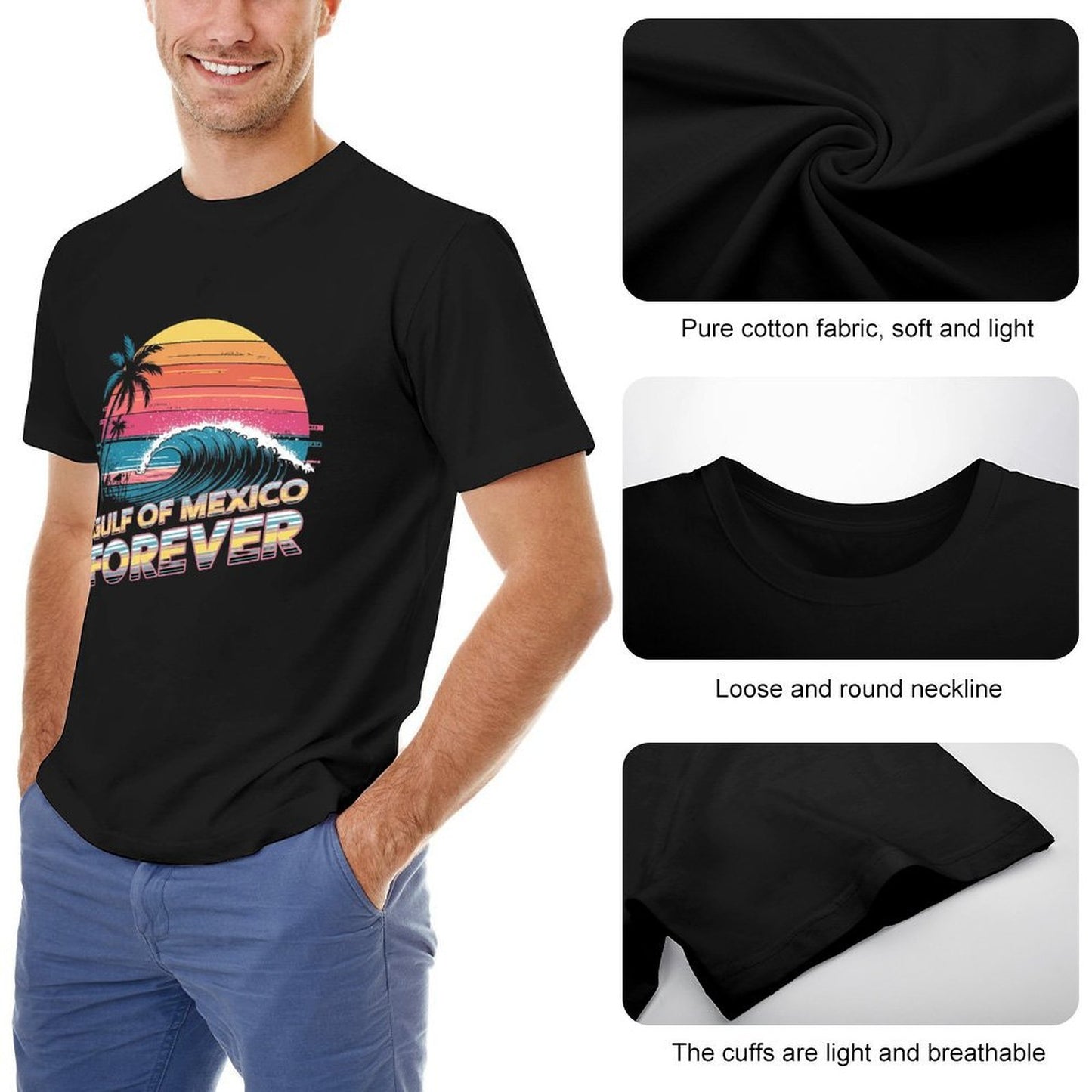 Inkmay Casual Cotton T-shirt Gulf Of Mexico Forever Pattern Print Unisex T-shirtEasy-Care Lightweight T-Shirt