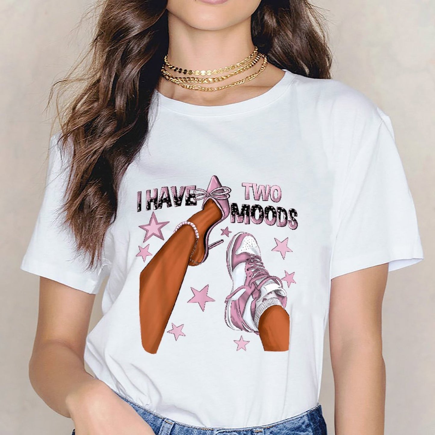 Inkmay Casual Cotton T-shirt Shoes With Stars And Text Prints Unisex T-shirtClean Edges Outdoor T-Shirt